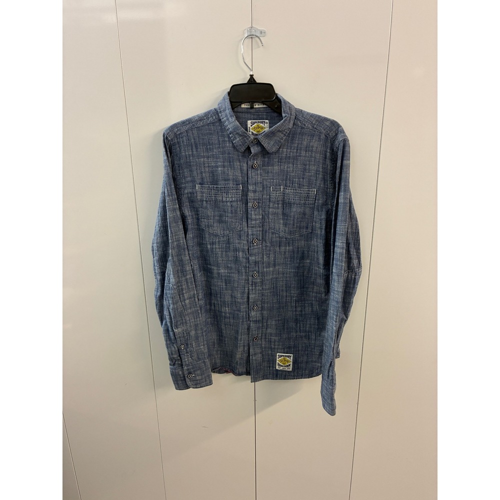 Superdry Brand Denim Mens Large Blue Slub Button Down Raw Riveter Work Shirt